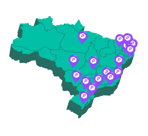 Mapa do Brasil com o logo da Parafuzo nas cidades atendidas.